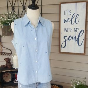 SONOMA ♡ Super Sweet Vintage Blue 'n White Embroidered Firefly Sleeveless Top M